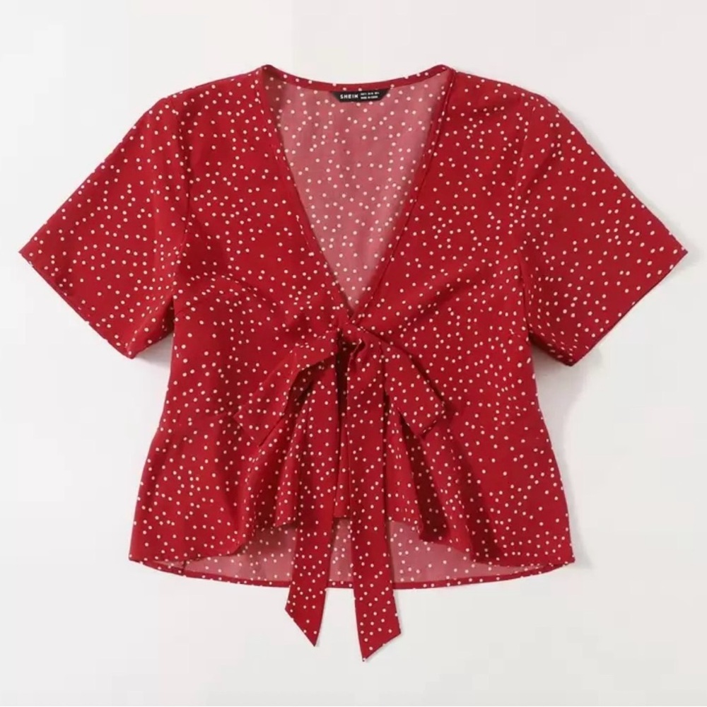 SHEIN Red Dotted Tie-Front Blouse